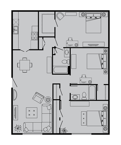 Floor plan for 3 beds, 2 baths, 1296 sqft